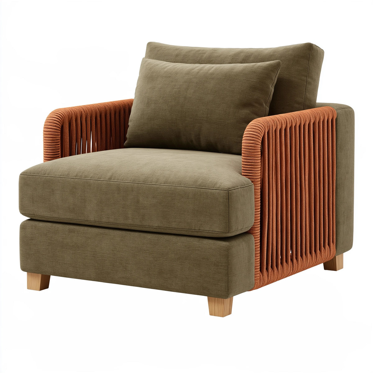 Fauteuil 95 x 90 x 85 cm en tissu vert kaki et cordage terracotta - style contemporain pour salon