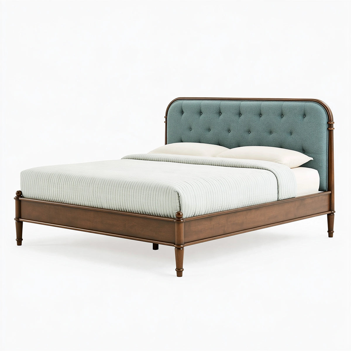 Lit 160 x 200 cm en bois marron et tissu vert pétrole - tête de lit capitonnée classique