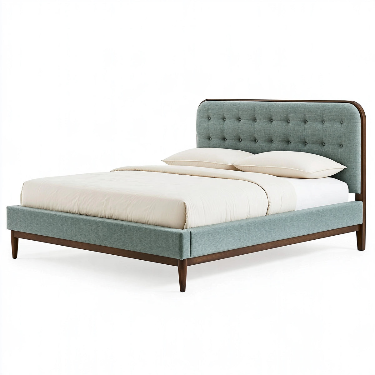 Lit 160 x 200 cm en tissu vert avec cadre en bois - style capitonné