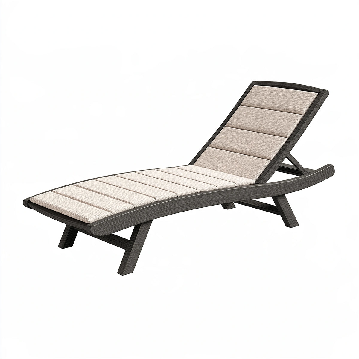Chaise longue de jardin 200 cm en bois noir avec coussin beige inclinée