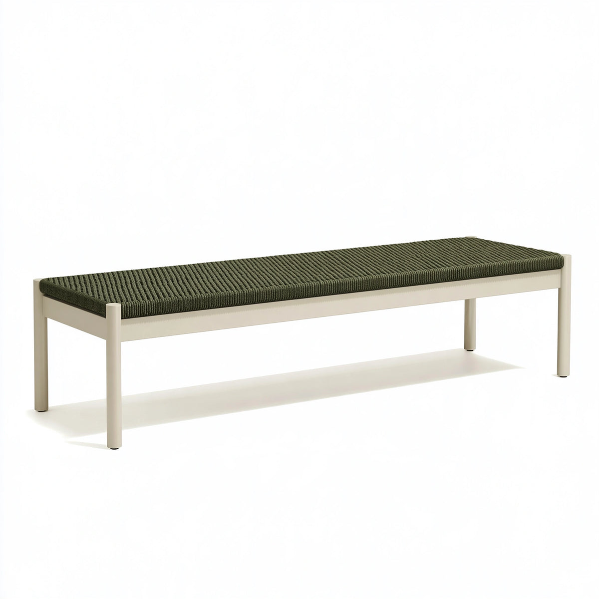 Banc 120 x 40 x 45 cm métal blanc assise tressée vert foncé style contemporain